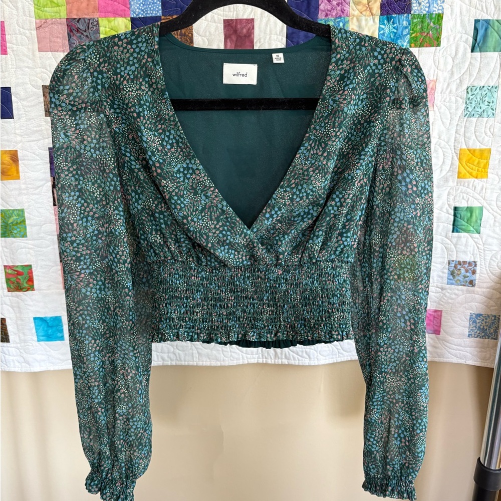 Aritzia Cropped Green Floral Blouse